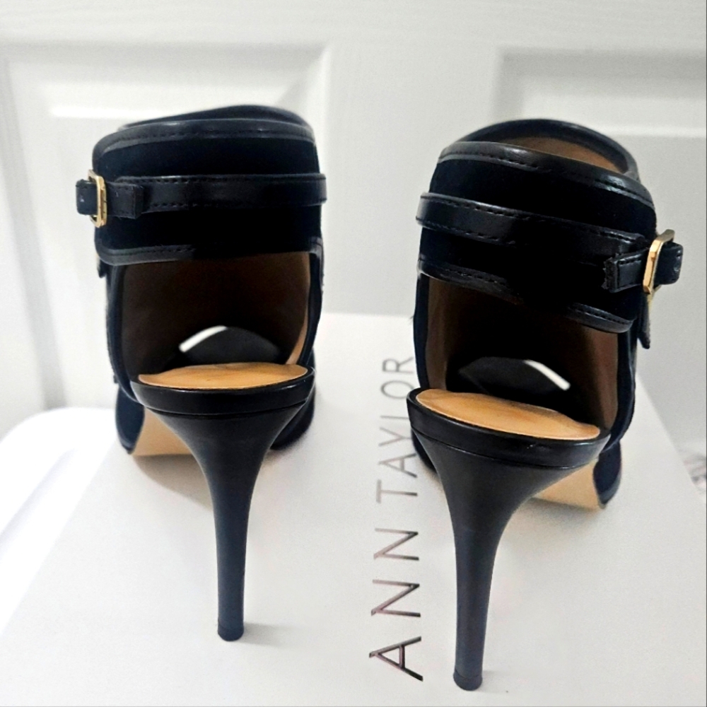 Ann Taylor Black Ankle Booties with Open Toe and Gold Accents - Picture 4 of 6